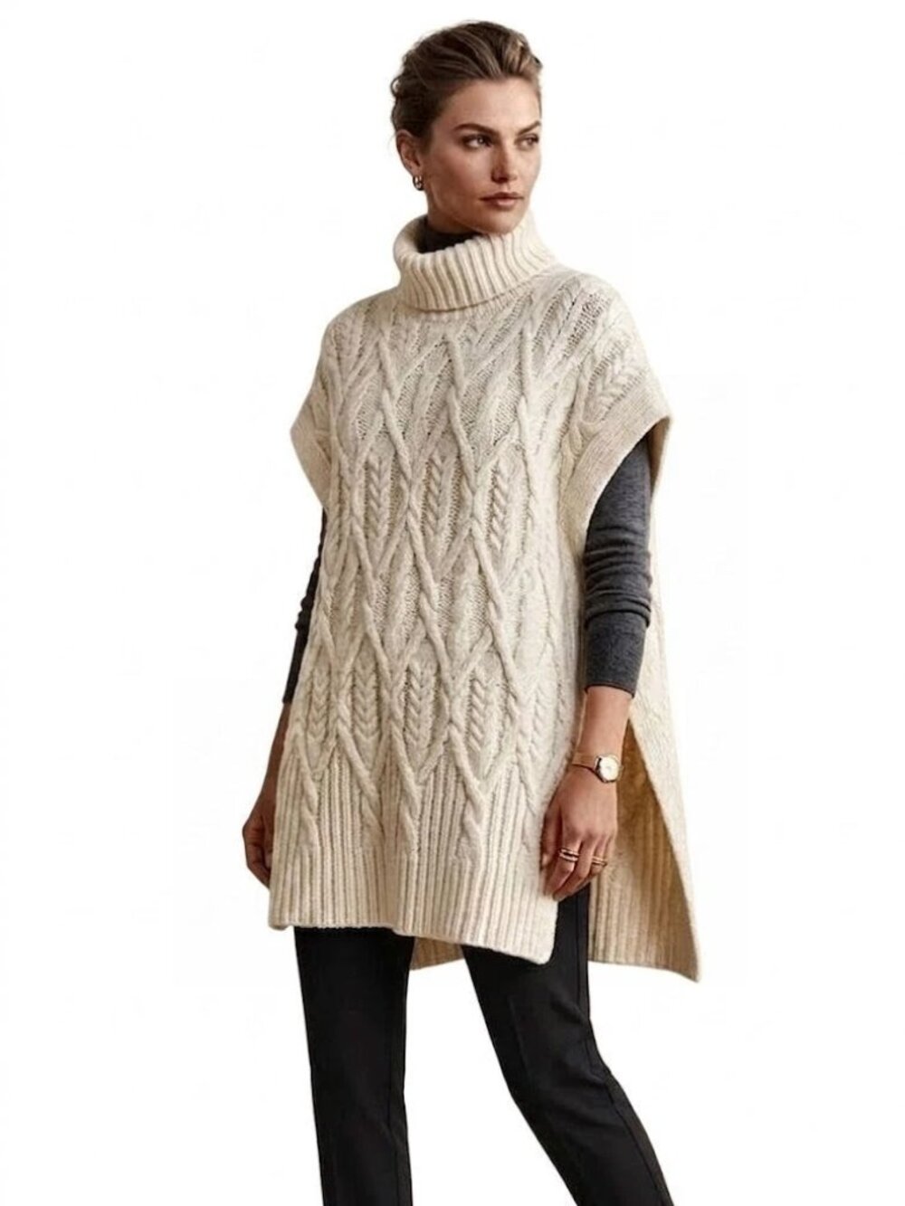 Theory Boseley Cable Knit Turtleneck Poncho / Vest, Ivory, Womens Size M/L